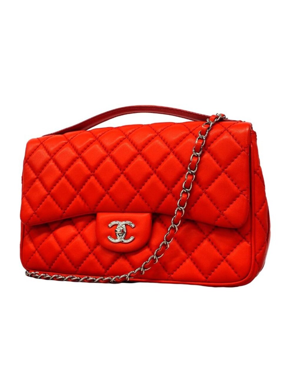Chanel Handbag Quilted Lambskin Red Silver 2-Way